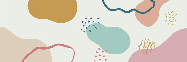 Abstract floral hand drawn art background vector. Luxury minimal style wallpaper with line art flower and botanical leaves, Organic shapes. Vector background for banner, poster, Web and packaging.