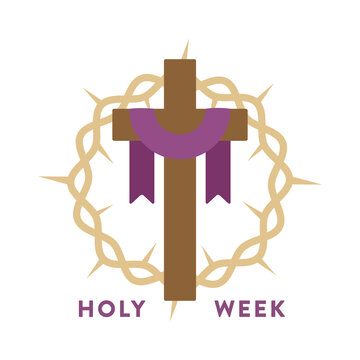 Christian cross with purple fabric and Crown of thorns. Holy Week. Vector illustration, flat design