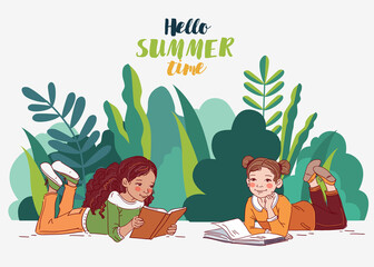Cute little girls reading books in the garden. Nature landscape background. Summer holidays illustration. Vacation time
