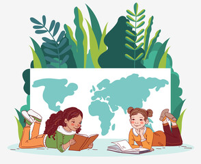 Cute little girls reading books. World map background