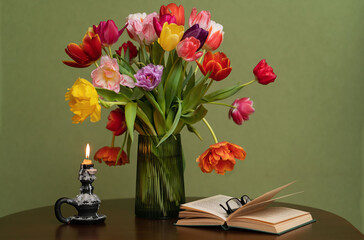 Still life. Vase of colourful tulips on the wooden table - green background