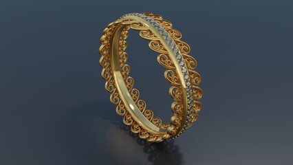 Golden ring with diamonds and swirls. 3D illustration