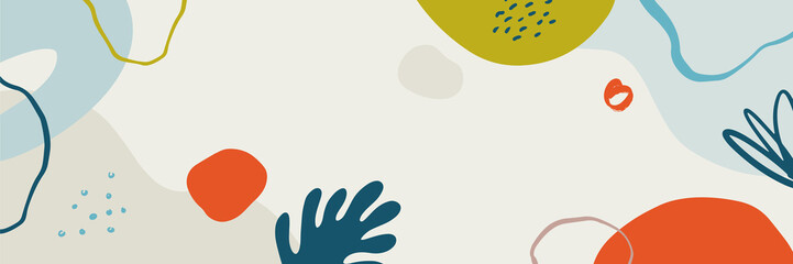 Tropical boho organic minimal banner background. Creative compositions of colorful leaves and floral. Design template for posters, covers, social media, website. Flat style vector illustration