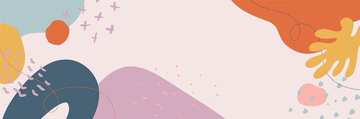 Abstract minimal hand drawn floral flower leaves boho earth tone organic banner background. Dynamic abstract hand drawn colorful presentation design background