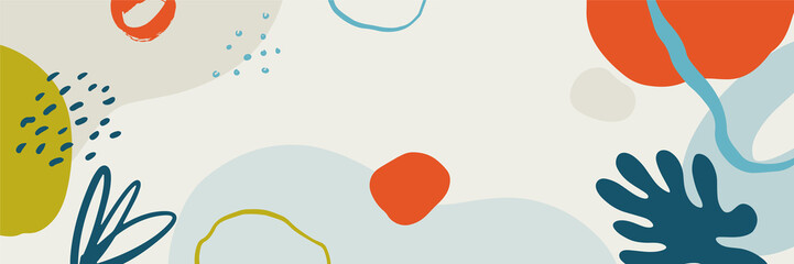 Tropical boho organic minimal banner background. Creative compositions of colorful leaves and floral. Design template for posters, covers, social media, website. Flat style vector illustration