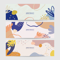 Fototapeta na wymiar Beautiful pastel social media banner template with minimal abstract organic shapes composition in trendy contemporary collage style