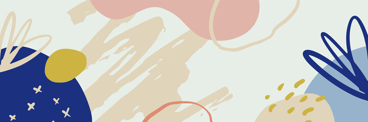 Beautiful pastel social media banner template with minimal abstract organic shapes composition in trendy contemporary collage style