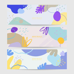 Naklejka premium Beautiful feminine banner for social media background. Templates for posts and banners with minimal abstract organic floral flower leaves hand drawn shapes composition in contemporary collage style