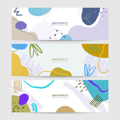 Fototapeta na wymiar Beautiful feminine banner for social media background. Templates for posts and banners with minimal abstract organic floral flower leaves hand drawn shapes composition in contemporary collage style
