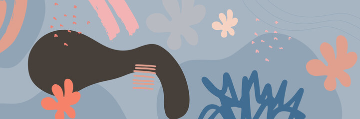 Beige earth tone boho floral hand drawn minimal organic colorful design banner background. Line art flower and botanical leaves, organic shapes. Vector background for poster, web and packaging.