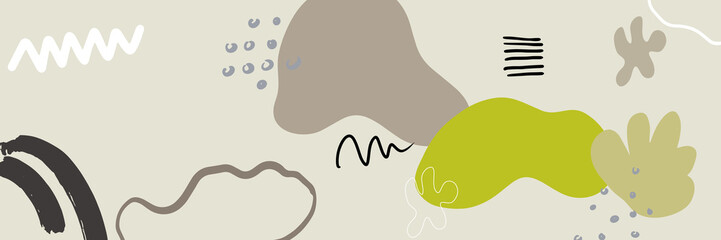 Beautiful pastel social media banner template with minimal abstract organic shapes composition in trendy contemporary collage style. Modern colorful vector hand drawn organic shapes and textures