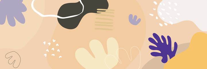 Beautiful pastel social media banner template with minimal abstract organic shapes composition in trendy contemporary collage style. Modern colorful vector hand drawn organic shapes and textures