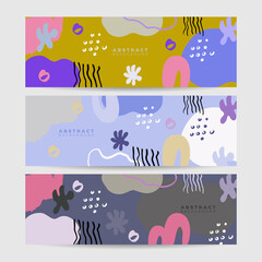Beautiful pastel social media banner template with minimal abstract organic shapes composition in trendy contemporary collage style. Modern colorful vector hand drawn organic shapes and textures