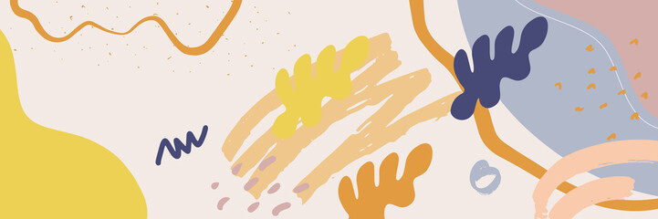 Obraz premium Beautiful pastel social media banner template with minimal abstract organic shapes composition in trendy contemporary collage style. Modern colorful vector hand drawn organic shapes and textures