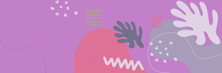 Beautiful pastel social media banner template with minimal abstract organic shapes composition in trendy contemporary collage style. Modern colorful vector hand drawn organic shapes and textures