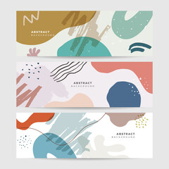 Set of beige earth tone boho floral hand drawn minimal organic colorful design banner background. Line art flower and botanical leaves, organic shapes. Vector background for poster, web and packaging.