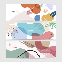 Set of beige earth tone boho floral hand drawn minimal organic colorful design banner background. Line art flower and botanical leaves, organic shapes. Vector background for poster, web and packaging.