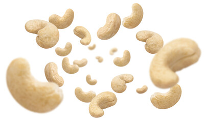 Flying cashew nuts, isolated on white background