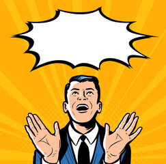 Surprised man with open mouth and speech bubble. Business concept. Vector colorful illustration in retro comic style