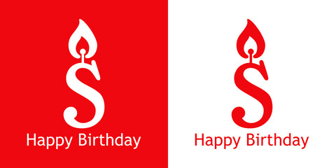 Logo con texto Happy Birthday con letra S con forma de vela en fondo rojo y fondo blanco - obrazy, fototapety, plakaty