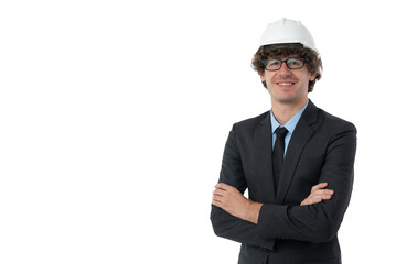 Portrait of Smiling young business man  in black suit protective construction helmet with arms...