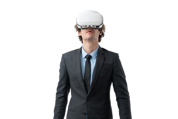 Portrait of young business man in black suit is using augmented reality application in virtual reality glasses isolated on white background.