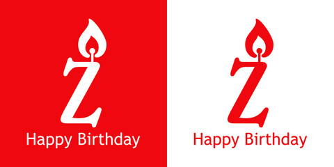 Logo con texto Happy Birthday con letra Z con forma de vela en fondo rojo y fondo blanco