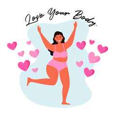 Obraz na płótnie Canvas Love your body concept vector illustration. Cheerful big size woman wearing underwear with pink heart in flat design on white background.