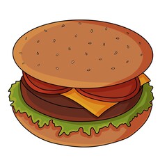 Cartoon illustration of hamburger with cheese and tomato on white background
