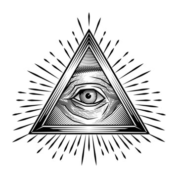 Eye of providence. Vector illustration of golden triangle pyramid with eye in engraving technique.