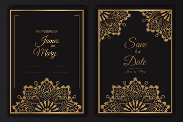 Wedding invitation card design with golden mandala pattern | Vector luxury wedding invitation with mandala | Gold vintage greeting card
