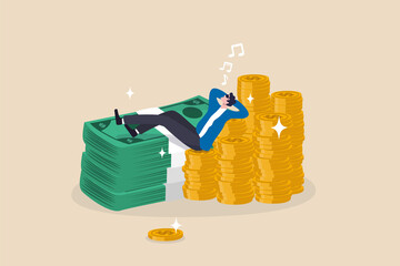 Rich man with his wealth, success businessman earn investment profit, FIRE, financial independence retire early concept, rich happy businessman lay down singing on pile of money coins and banknotes.