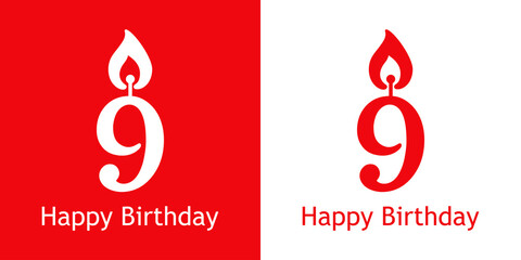 Logo con texto Happy Birthday con número 9 con forma de vela en fondo rojo y fondo blanco