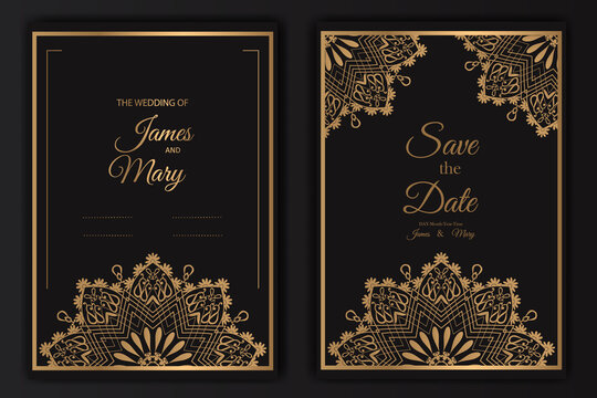 Wedding invitation card design with golden mandala pattern | Vector luxury wedding invitation with mandala | Gold vintage greeting card