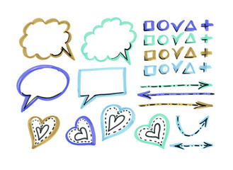 Set doodle frames, arrows and hearts on white background. Felt pen Illustration. Brown and blue arrow and frame elements. Romantic hearts