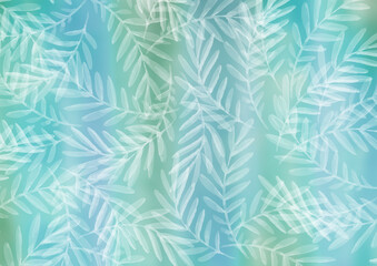 Watercolor provence winter Background. White tropical leaves on colorful green and blue gradient Background. Multicolor floral Backdrop