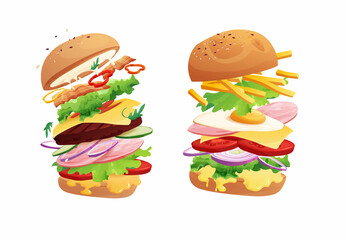 Delicious flying burger with chili, tomato, bacon, ham, cheese, cucumber, meat, onion, ketchup and salad