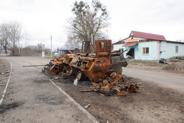 Russian infantry fighting vehicle (BMP) in the village of Brovarsky district, Kiev region. Footage...