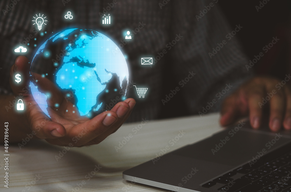 Aufkleber man hand virtual world icon. communication and use of modern internet technology social networking o