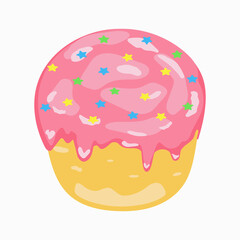 Delicious cupcake covered with pink icing and confectionery topping of multi-colored stars. Vector illustration.