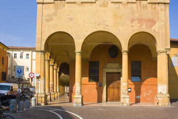 Typical architecture with colonnade in the Old Town of Bologna, Italy