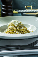 Grater, Pasta, Parmesan on White Plate, Restaurant food