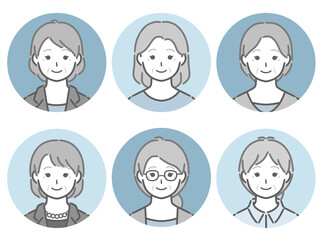 高齢女性の丸アイコンセット