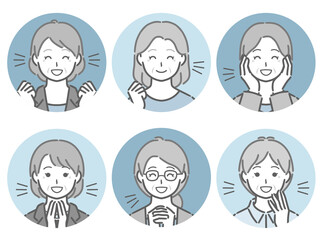 喜ぶ高齢女性の丸アイコンセット
