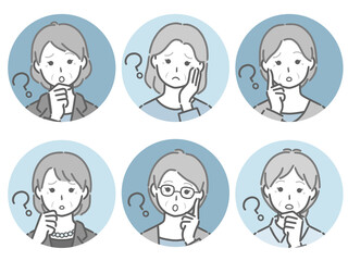 疑問に思う高齢女性の丸アイコンセット