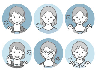 怒る高齢女性の丸アイコンセット