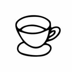Doodle coffee cup. Cute hot beverage isolated on white background. Outline tea, latte, cappuccino americano mug with handle, saucer. Vector dishes illustration for the coffee shop, cafe, kitchen print
