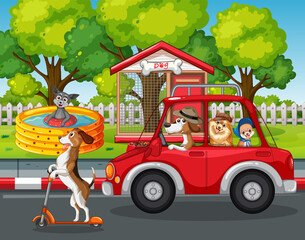 Dogs driving a car and dog playing scooter on park background