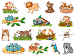 Obraz premium Sticker set of cartoon wild animals