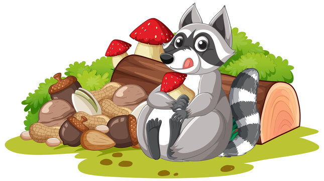 Cute raccoon with pile of nuts